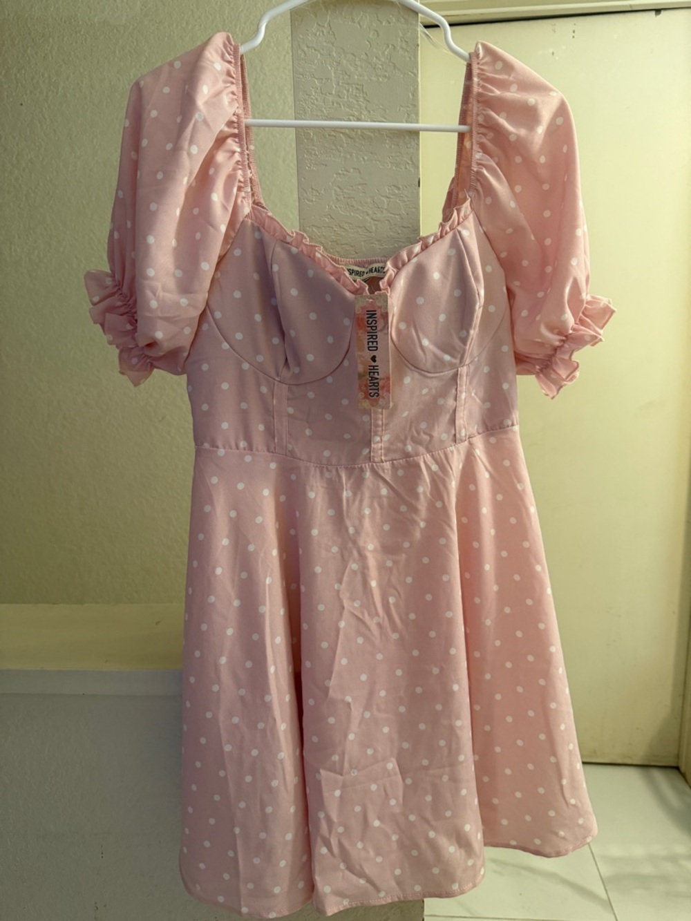Inspired Hearts Pink Polka Dot Puff Sleeve Mini Dress